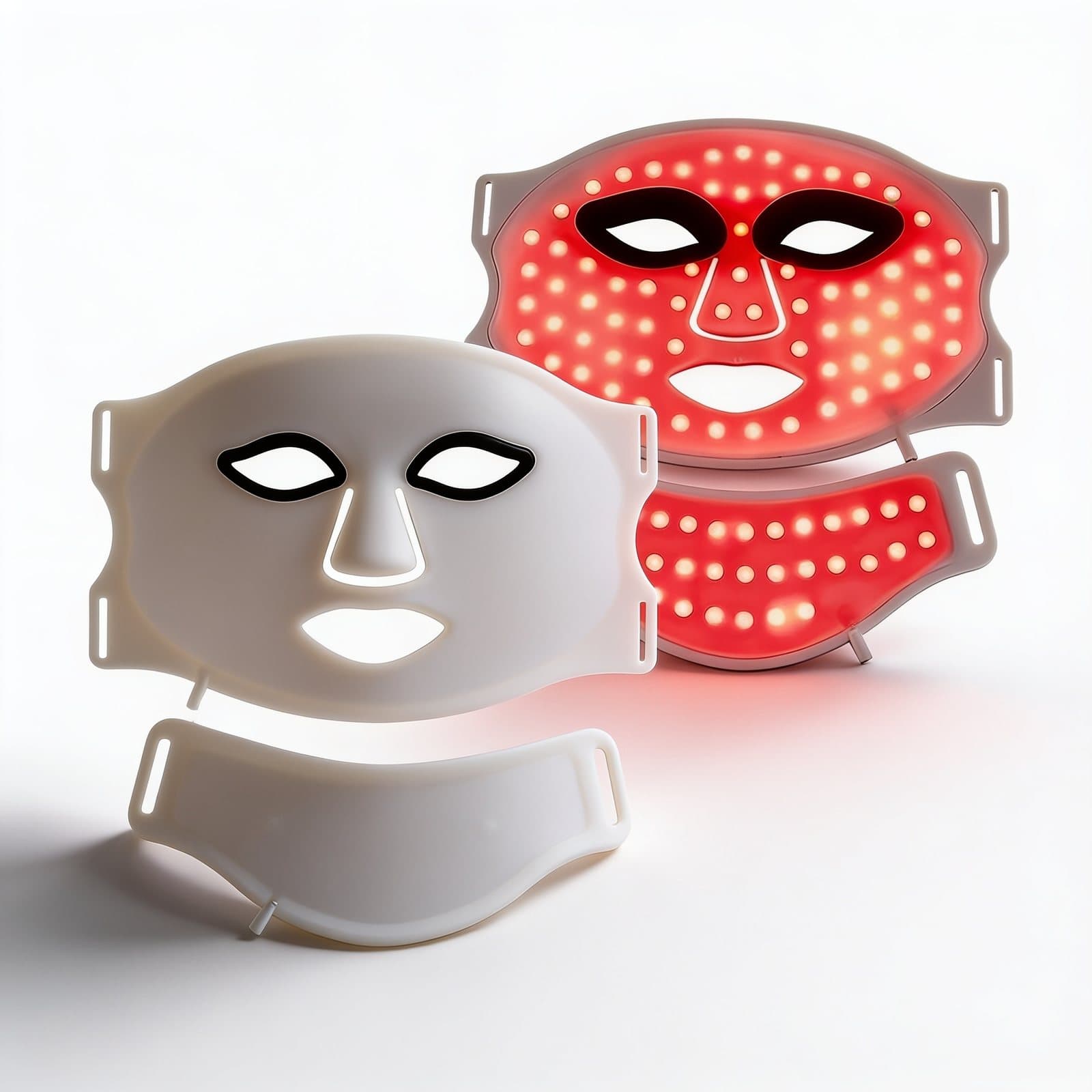 Le masque LED Lumisse blanc et sa partie cou, éteint et allumé en lumière rouge