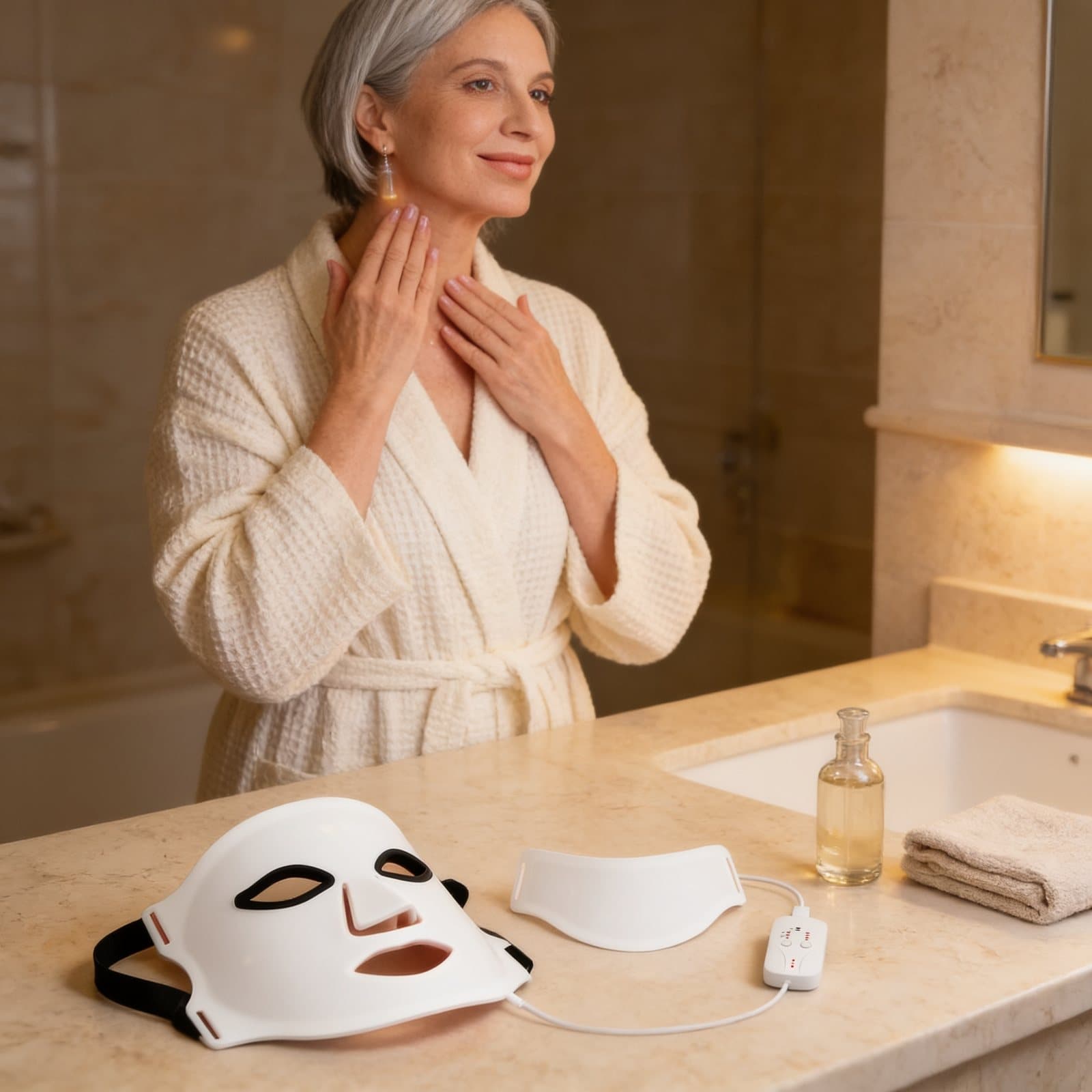 Le masque, la partie cou et la télécommande posés sur la vasque, le soir